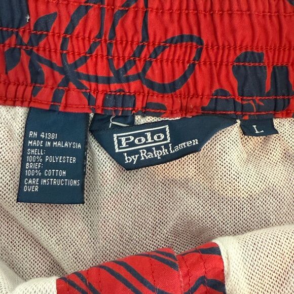 Vintage Polo Ralph Lauren Red Navy Floral Swim Trunks L (33" Waist) - Picture 2 of 9